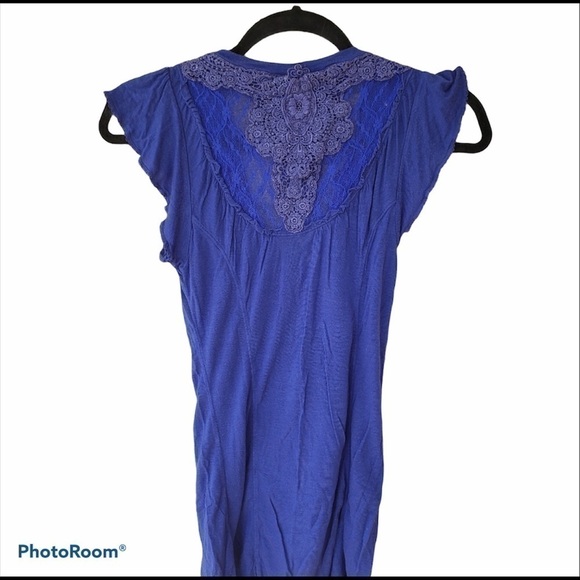 Free People Brand Crochet Lace Blue Tee - Picture 1 of 7